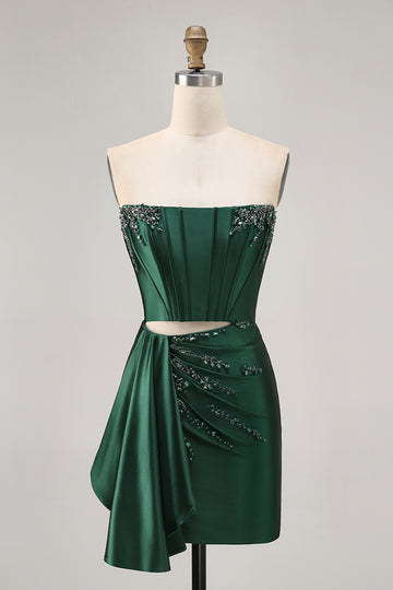 Dark Green Cut-Out Strapless Corset Homecoming Dress With Sash